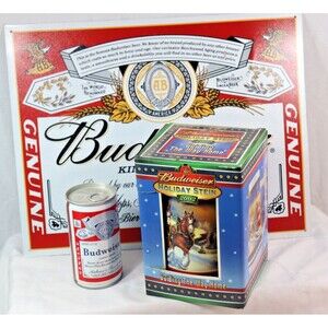 Budweiser Decor Lot Metal Sign Vtg Can Beer Stein 3 Pieces For Man Cave Bar Room